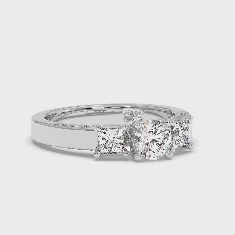 1.30-1.55 CT Round &amp; Princess Cut Lab Grown Diamonds - Three Stone Ring