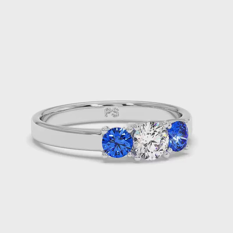 0.90 CT Round Cut Blue Sapphires & Diamonds - Three Stone Ring