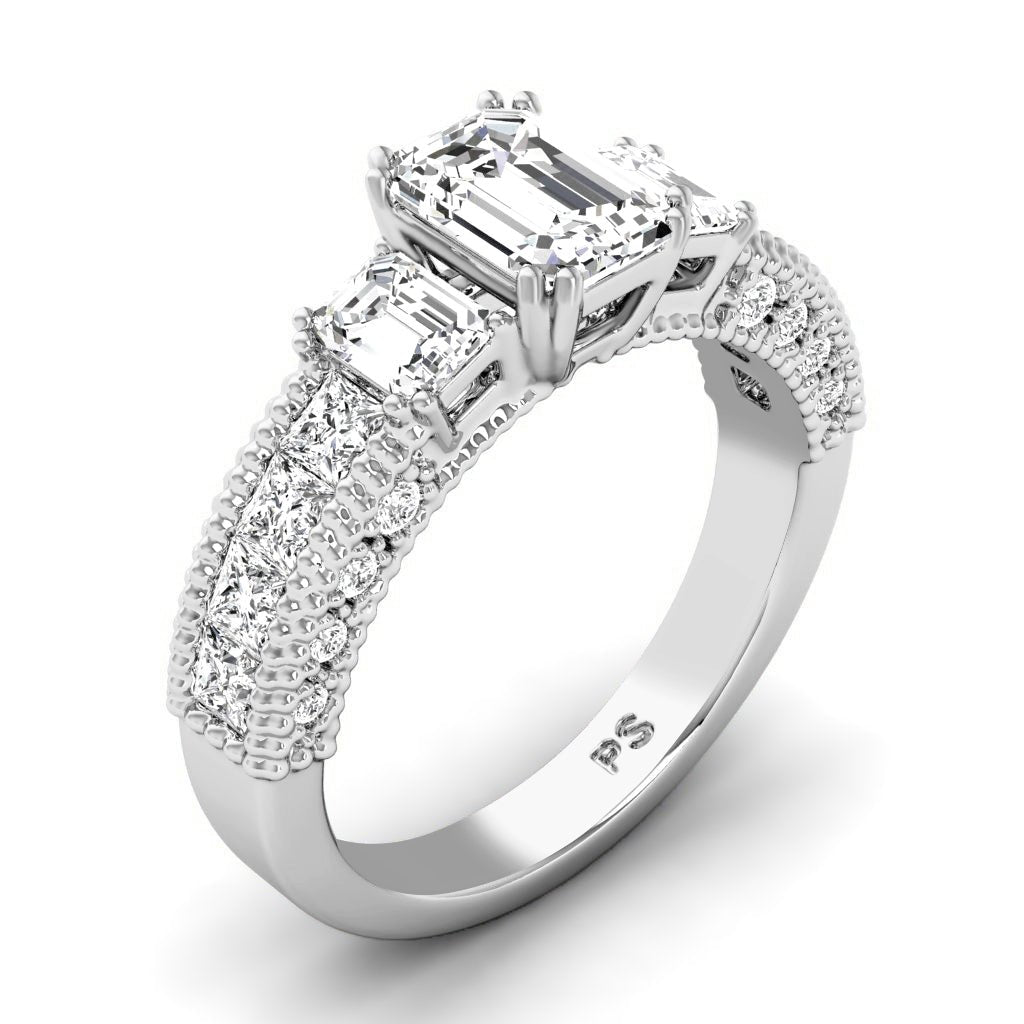 1.95-3.10 CT Emerald & Princess & Round Cut Natural Diamonds - Engagement Ring