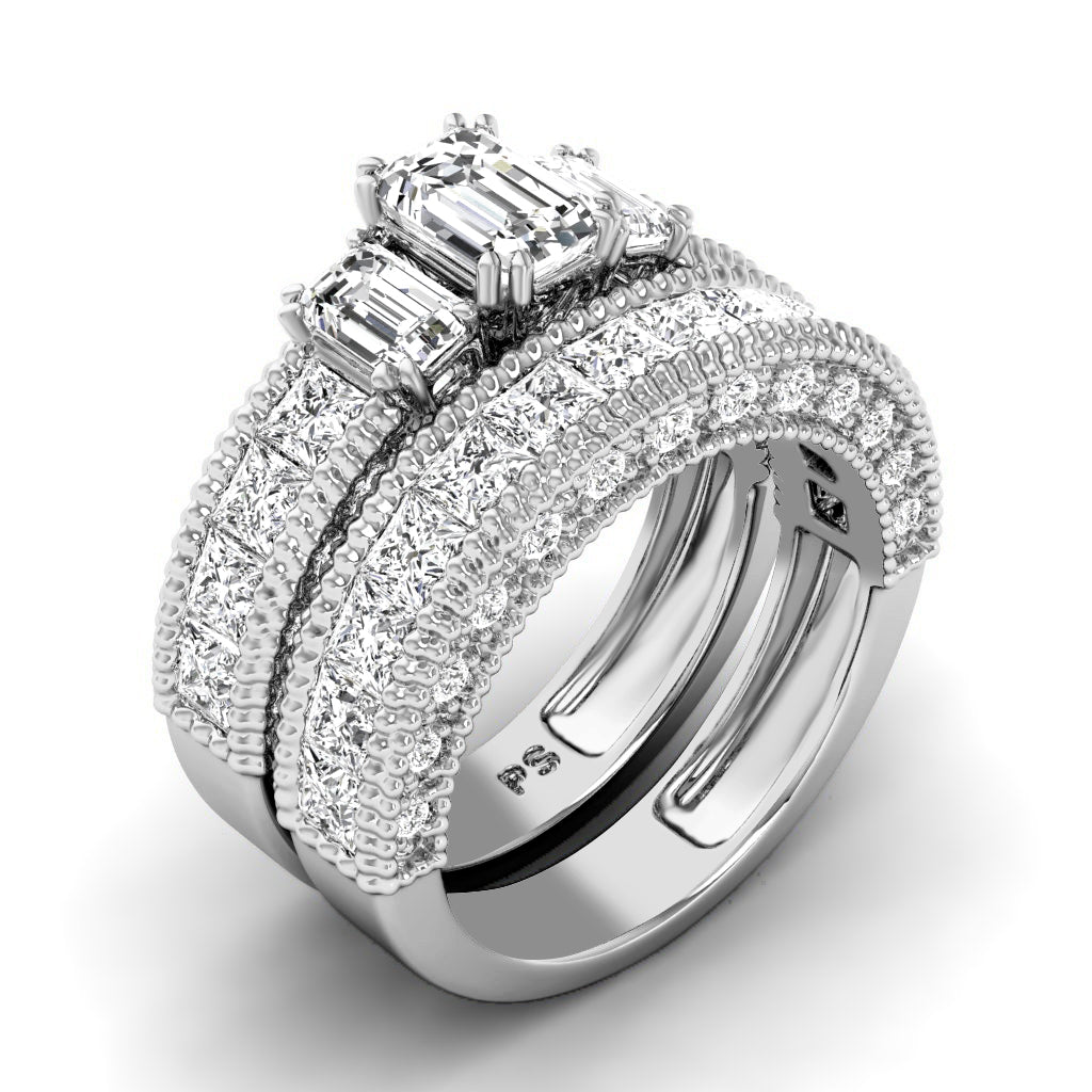 3.45-4.60 CT Emerald & Princess & Round Cut Natural Diamonds - Bridal Set