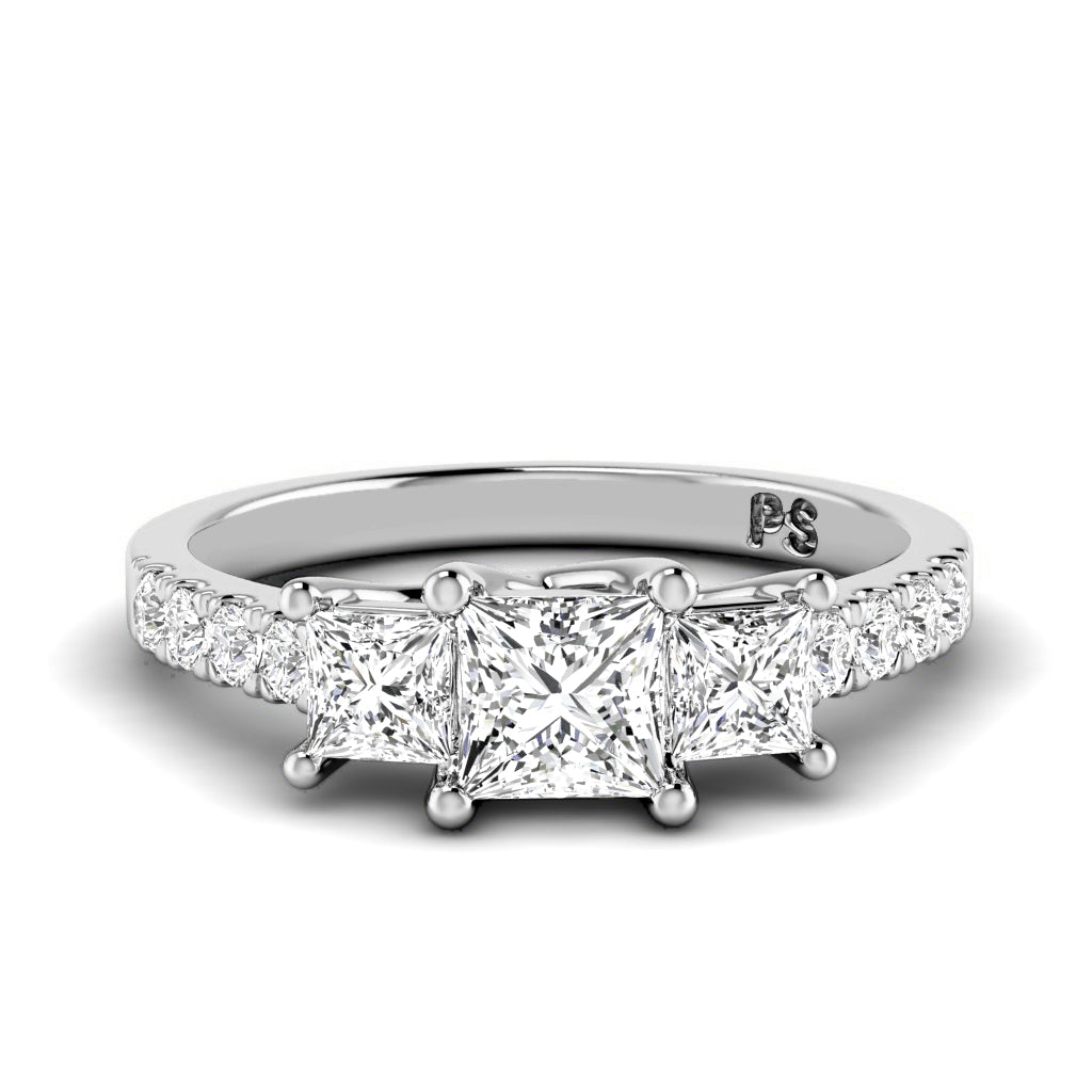 1.10 CT Round & Princess Cut Diamonds - Three Stone Ring