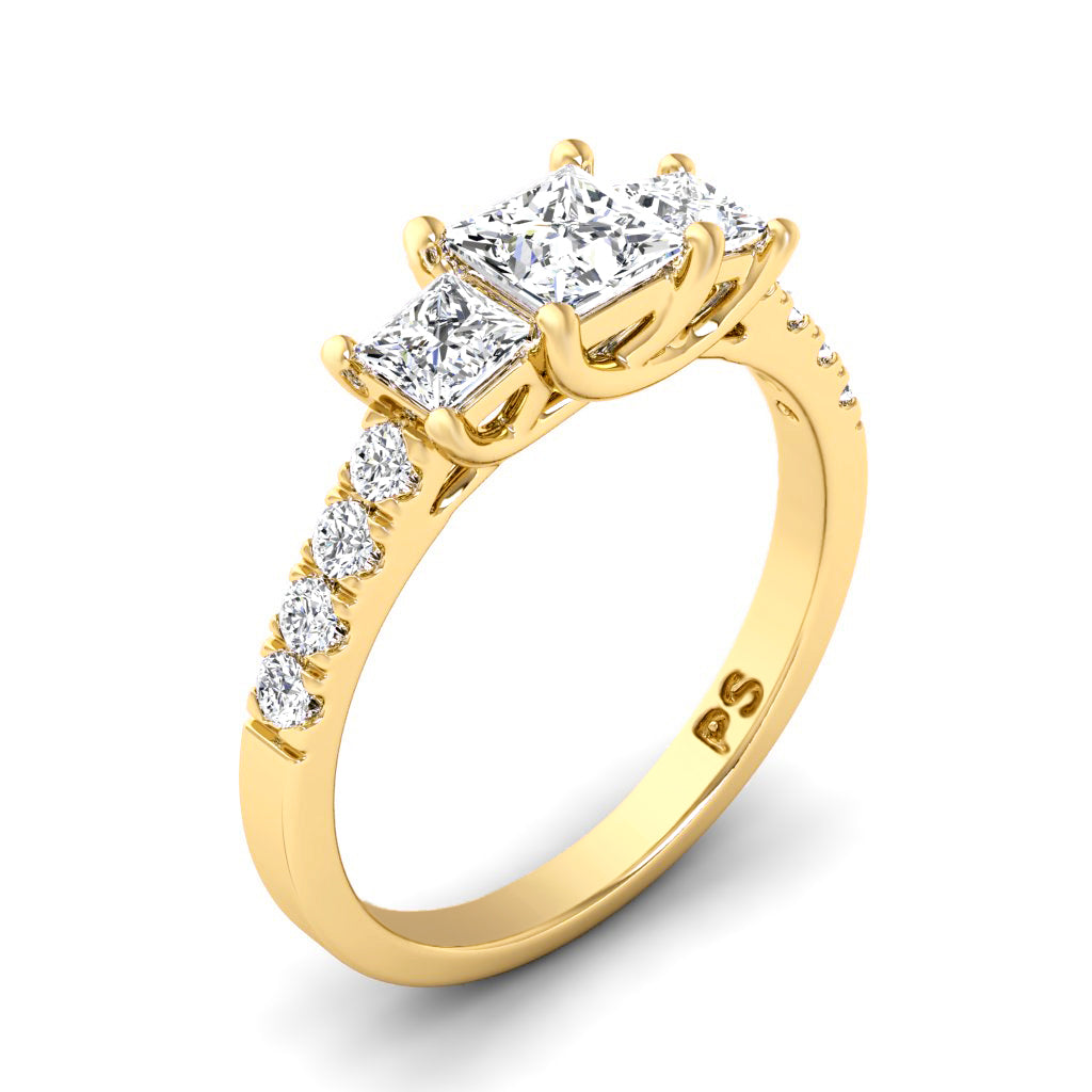 1.10 CT Round & Princess Cut Diamonds - Three Stone Ring