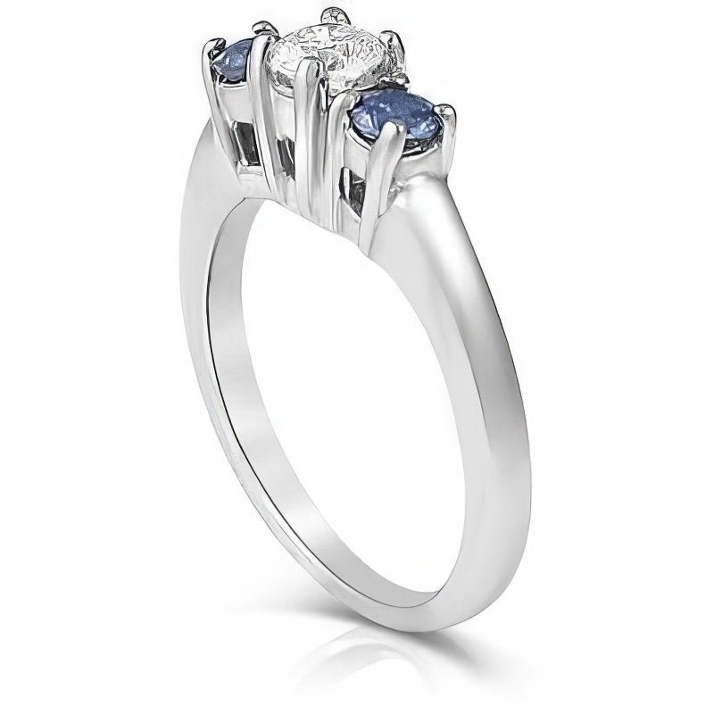 0.90 CT Round Cut Blue Sapphires & Diamonds - Three Stone Ring - Primestyle.com