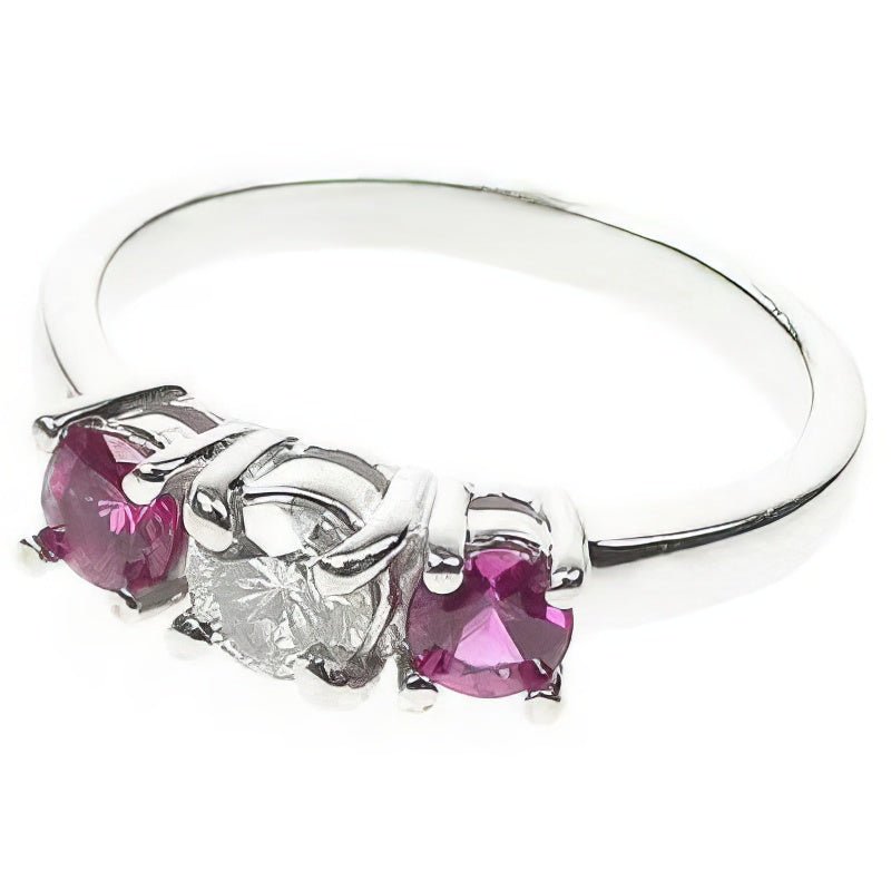 0.90 CT Round Cut Rubies &amp; Diamonds - Three Stone Ring - Primestyle.com