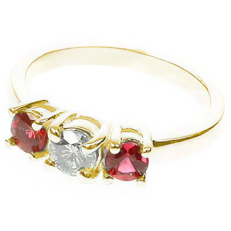 0.90 CT Round Cut Rubies & Diamonds - Three Stone Ring - Primestyle.com