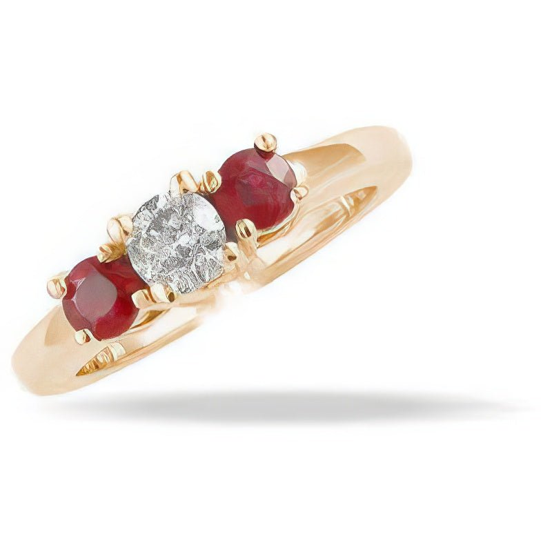 0.90 CT Round Cut Rubies &amp; Diamonds - Three Stone Ring - Primestyle.com