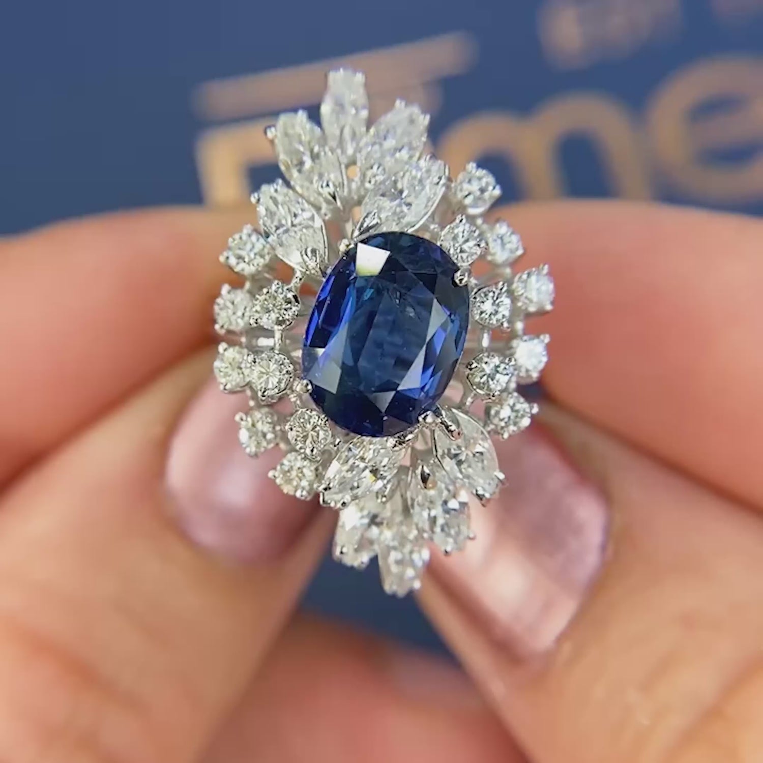 Certified 6.30CT Oval, Round, and Marquise Cut Diamond and Blue Sapphire Engagement Ring in 18KT White Gold