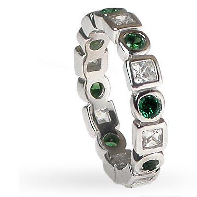 1.65 CT Round & Princess Cut Green Emeralds & Diamonds - Eternity Ring