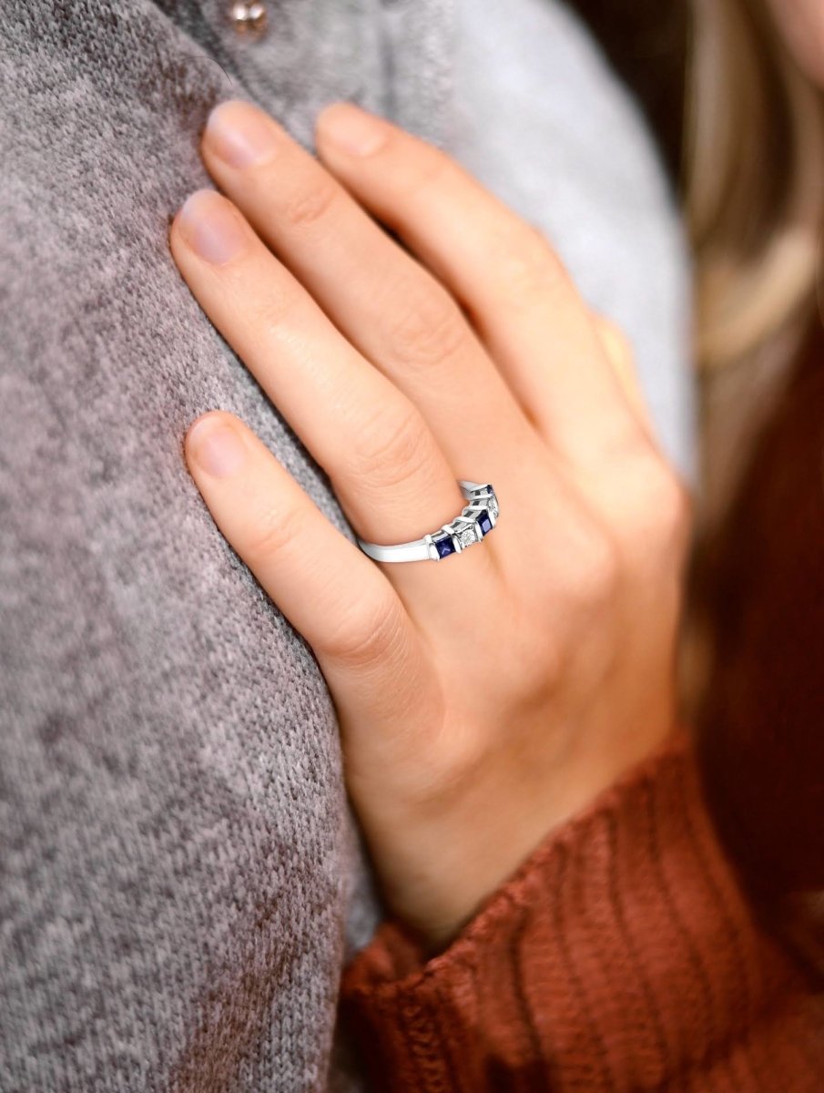 1.00 CT Princess Cut Blue Sapphires & Diamonds - Wedding Band - Primestyle.com