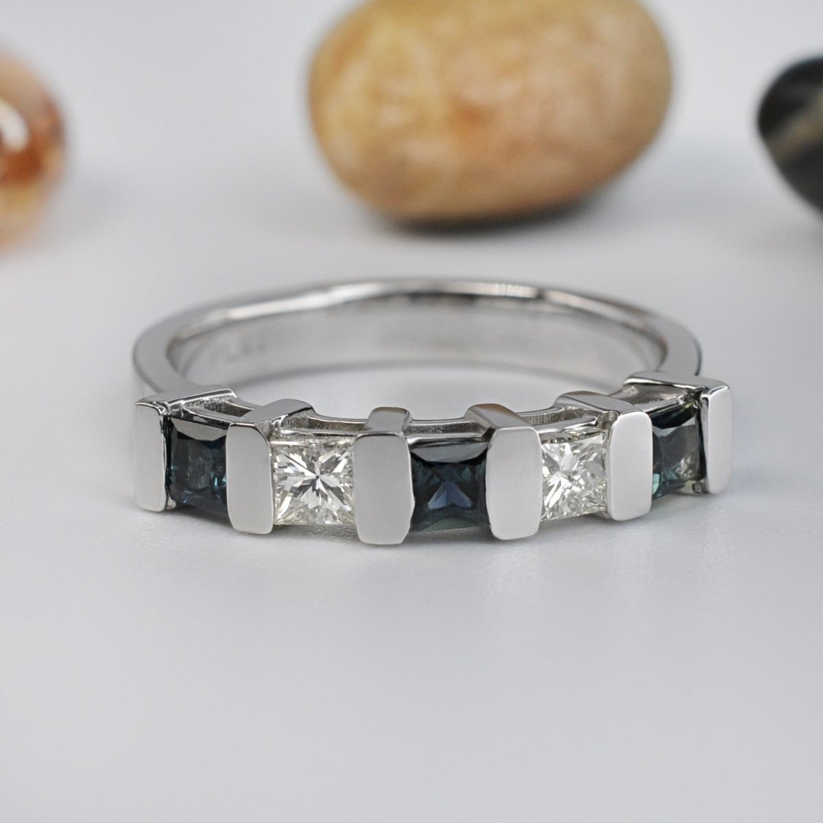 1.00 CT Princess Cut Blue Sapphires &amp; Diamonds - Wedding Band - Primestyle.com