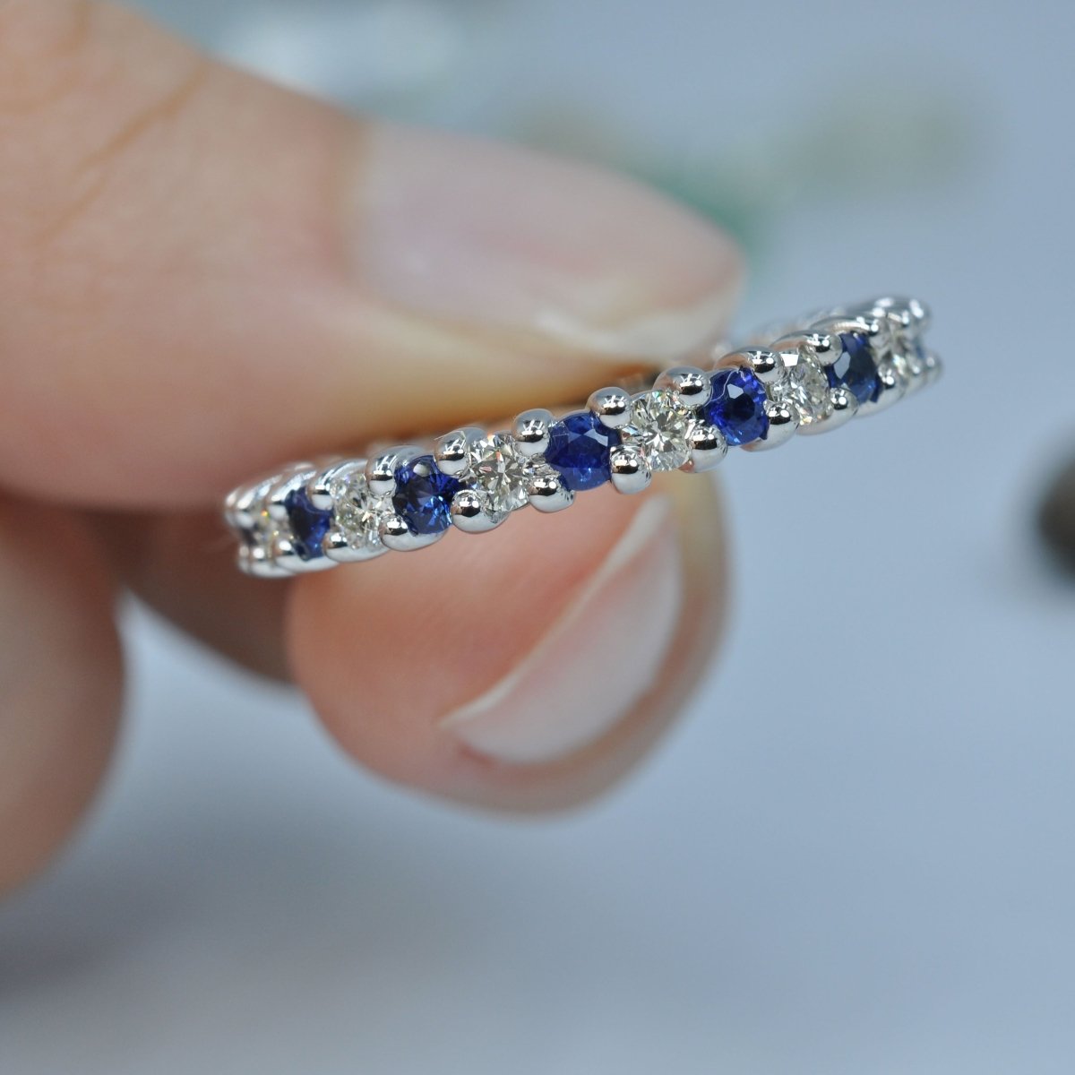 1.50 CT Round Cut Blue Sapphires &amp; Diamonds - Eternity Ring - Primestyle.com