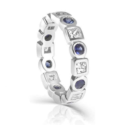 1.65 CT Round &amp; Princess Cut Blue Sapphires &amp; Diamonds - Eternity Ring - Primestyle.com