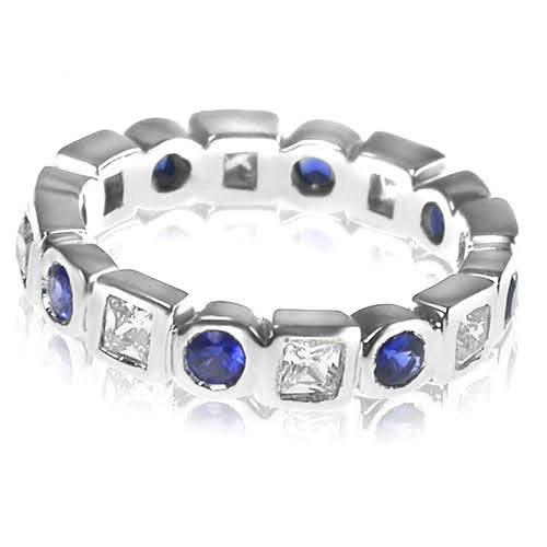 1.65 CT Round &amp; Princess Cut Blue Sapphires &amp; Diamonds - Eternity Ring - Primestyle.com