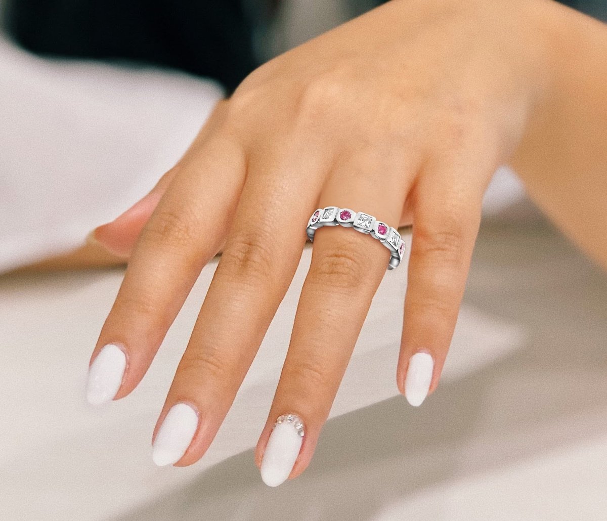 1.65 CT Round & Princess Cut Pink Sapphires & Diamonds - Eternity Ring - Primestyle.com