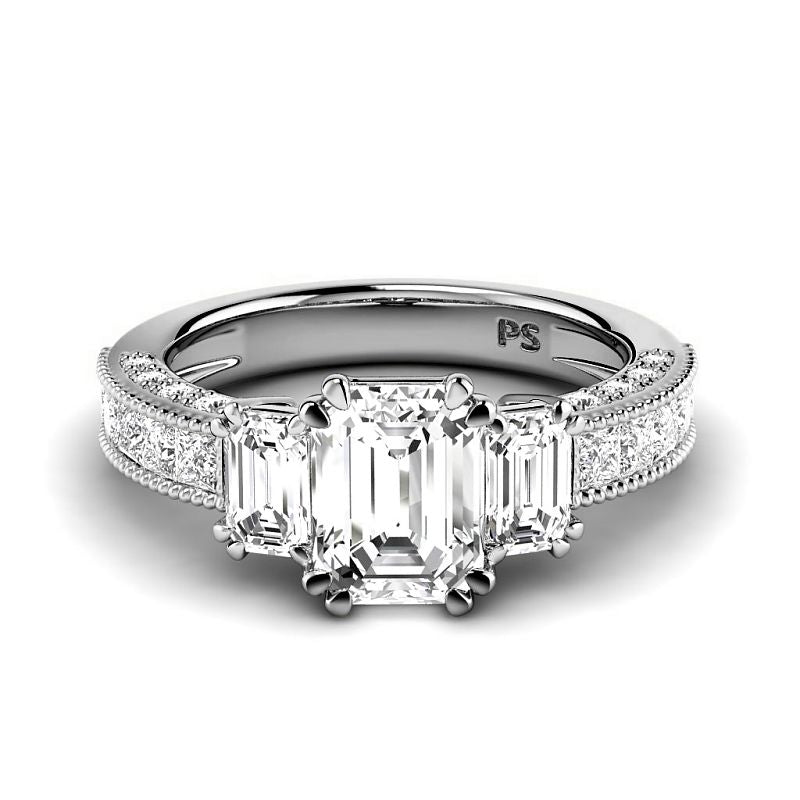 2.10-7.60 CT Emerald & Princess & Round Cut Lab Grown Diamonds - Engagement Ring
