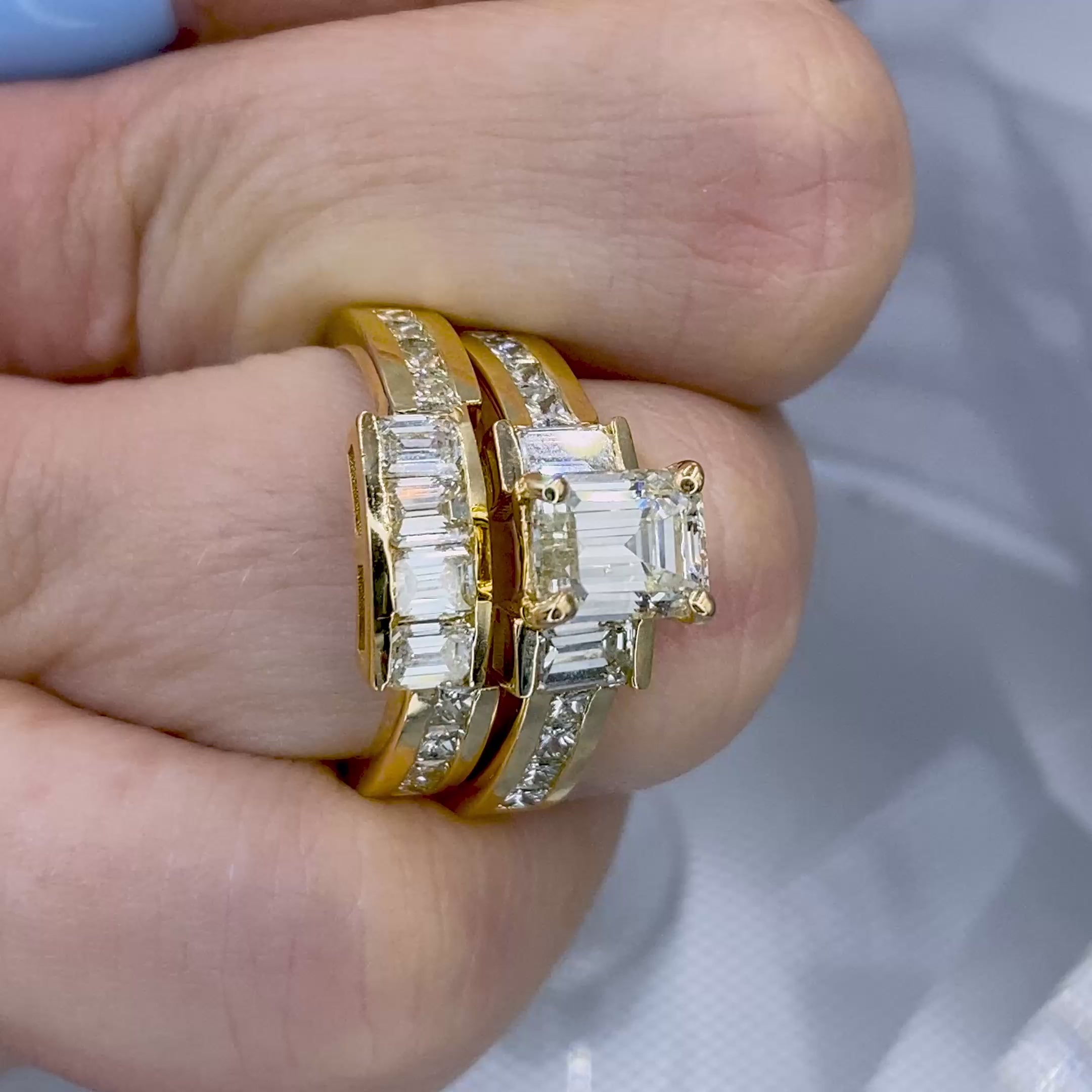 Certified 3.90CT Emerald and Princess Cut Diamond Bridal Set in 14KT Yellow Gold
