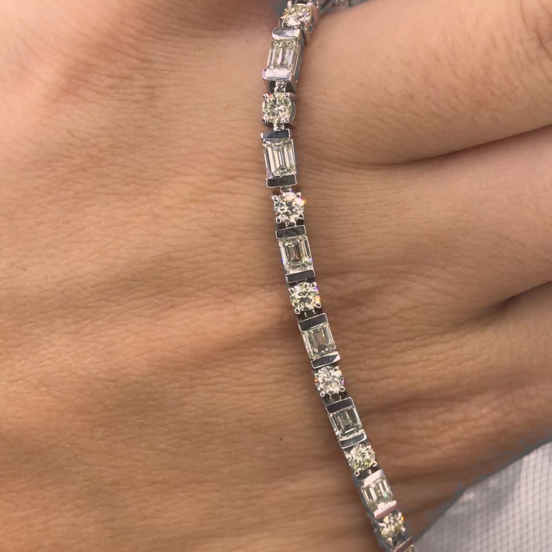 Mesmerizing 6.30CT Emerald and Round Cut Diamond Tennis Bracelet in 18KT White Gold
