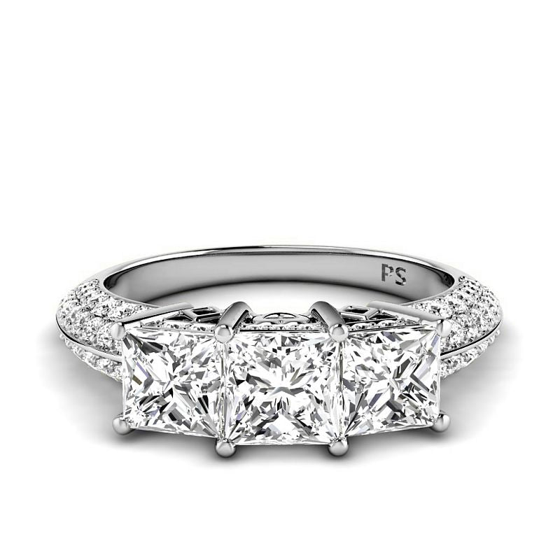 2.70 - 5.20 CT Round & Princess Cut Lab Grown Diamonds - Three Stone Ring - Primestyle.com