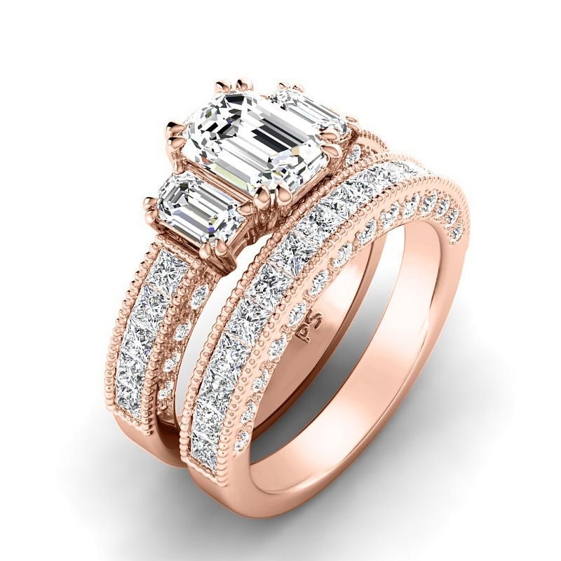 3.10 - 8.60 CT Emerald & Princess & Round Cut Diamonds - Bridal Set - Primestyle.com