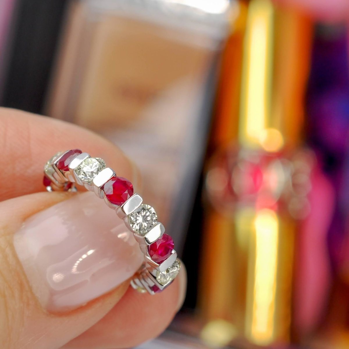 3.20 CT Round Cut Rubies & Diamonds - Eternity Ring - Primestyle.com