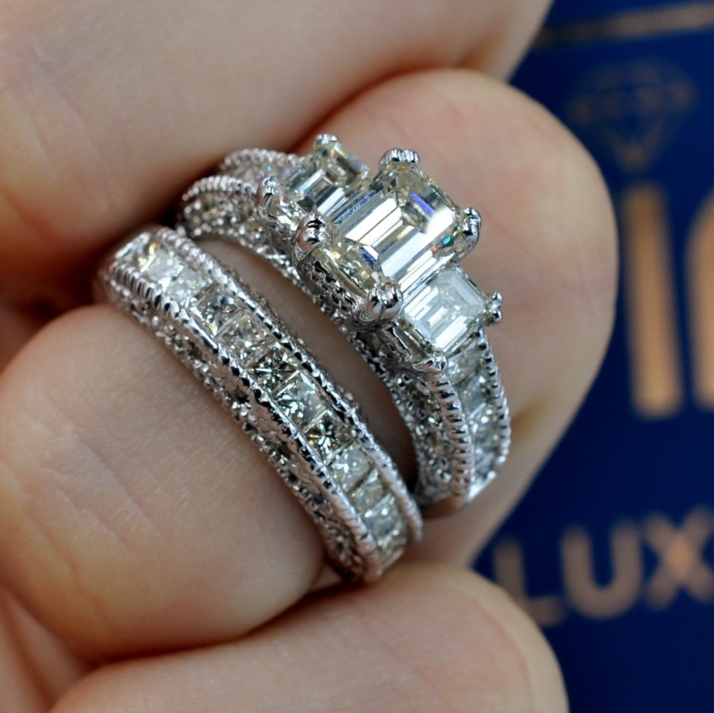 3.45 - 4.60 CT Emerald & Princess & Round Cut Natural Diamonds - Bridal Set - Primestyle.com