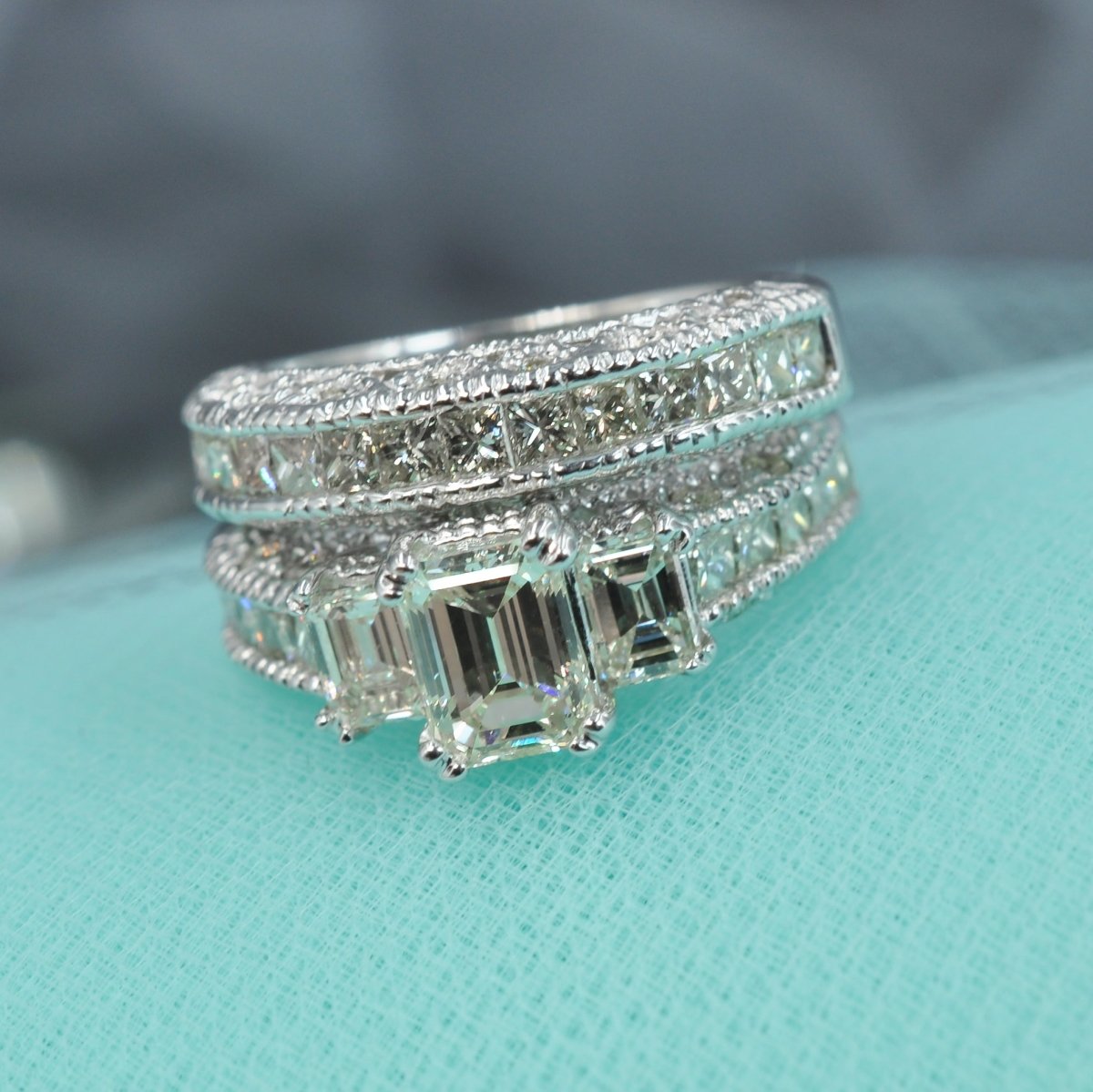 3.45-4.60 CT Emerald & Princess & Round Cut Natural Diamonds - Bridal Set