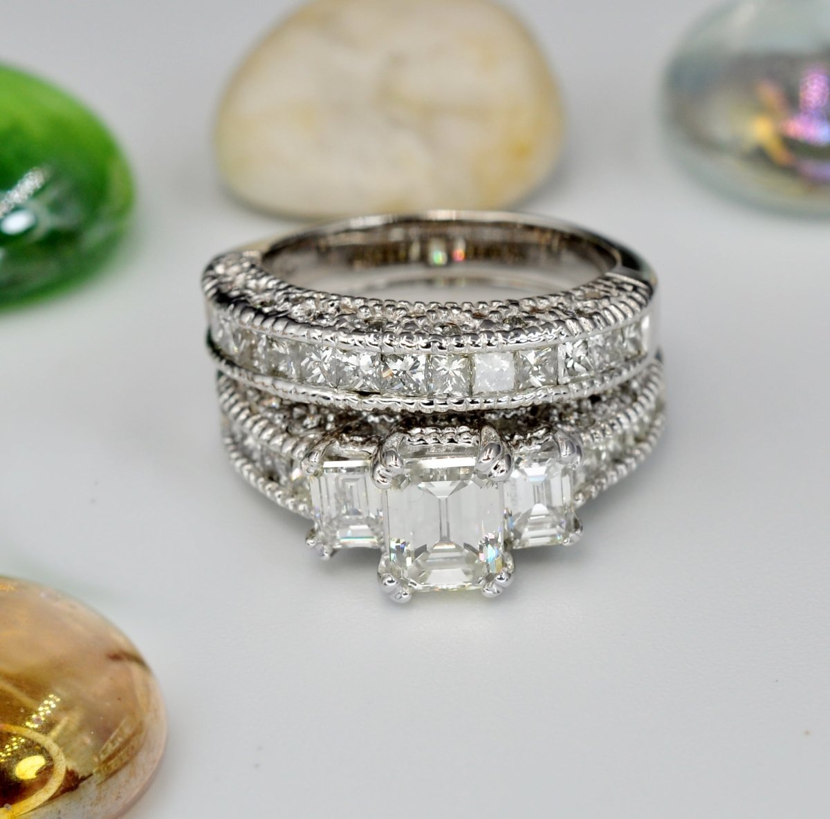 3.45-4.60 CT Emerald & Princess & Round Cut Natural Diamonds - Bridal Set