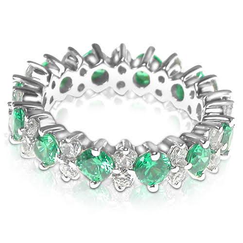 4.00 CT Round Cut Green Emeralds & Diamonds - Eternity Ring