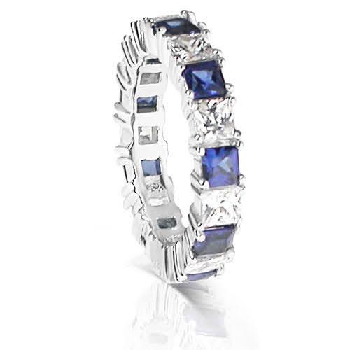 4.70 CT Princess Cut Blue Sapphires & Diamonds - Eternity Ring