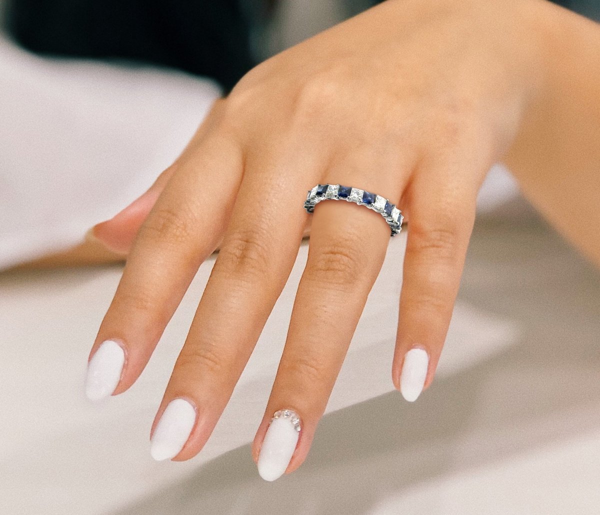 4.70 CT Princess Cut Blue Sapphires & Diamonds - Eternity Ring - Primestyle.com