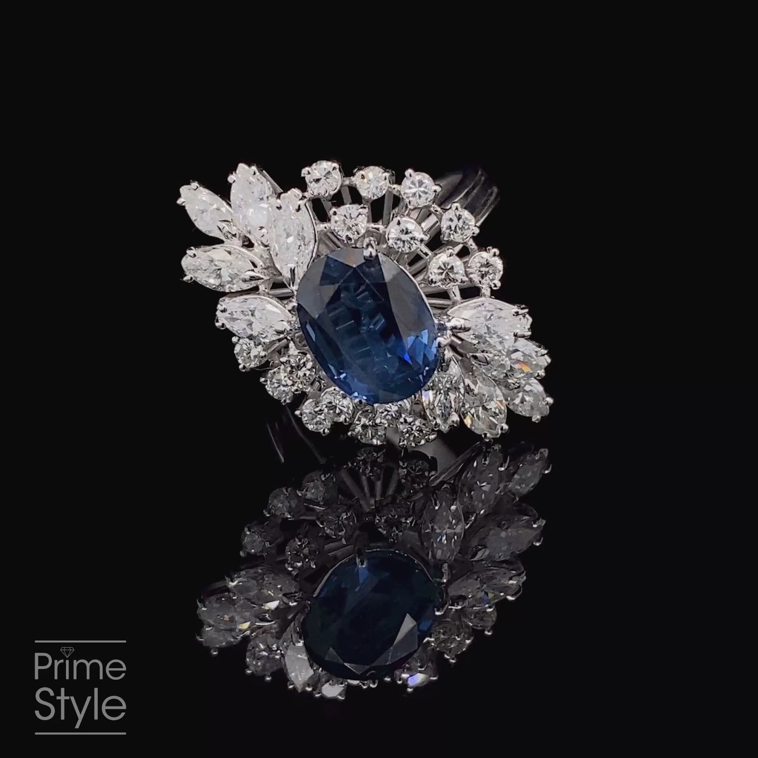 Certified 6.30CT Oval, Round, and Marquise Cut Diamond and Blue Sapphire Engagement Ring in 18KT White Gold