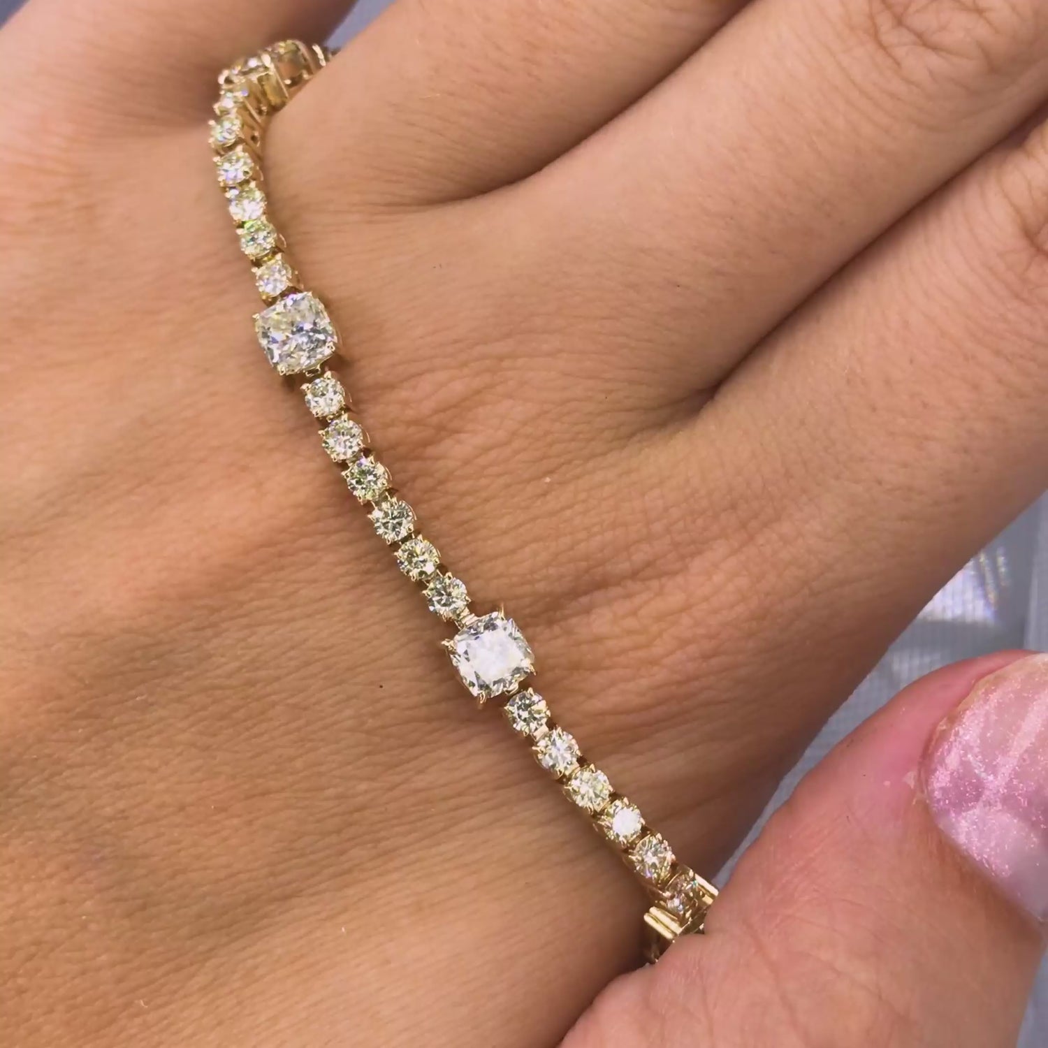 Elegant 7.00CT Cushion and Round Cut Diamond Tennis Bracelet in 14KT Yellow Gold