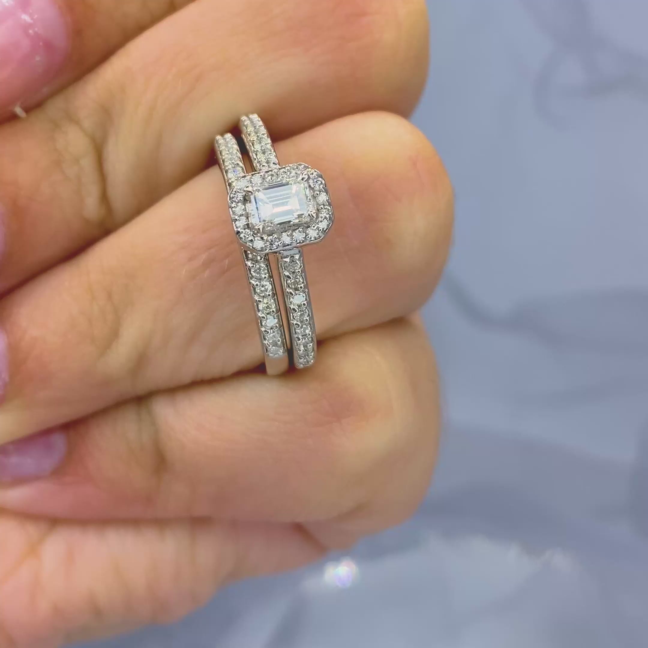 Wholesale 0.90 CT Emerald and Round Cut Diamond Bridal Set in 14 KT White Gold