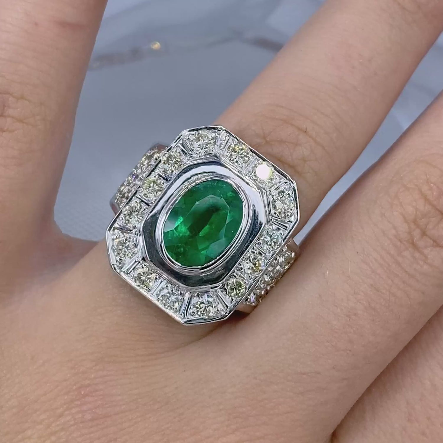 Certified 6.50CT Round and Oval Cut Diamond and Green Emerald Mens Ring in 14KT White Gold