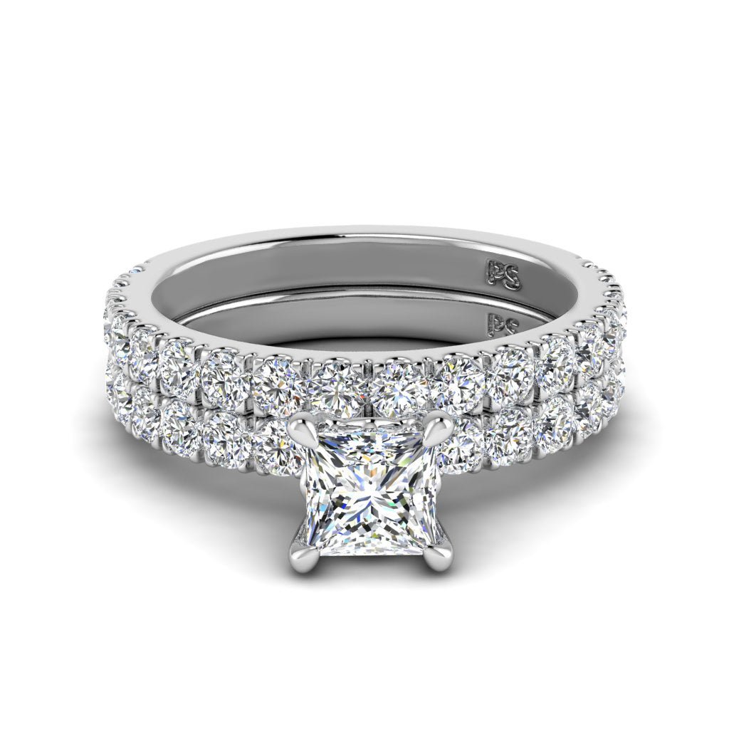 Brilliant 1.95CT Princess and Round cut Diamond Bridal Set in 14KT White Gold