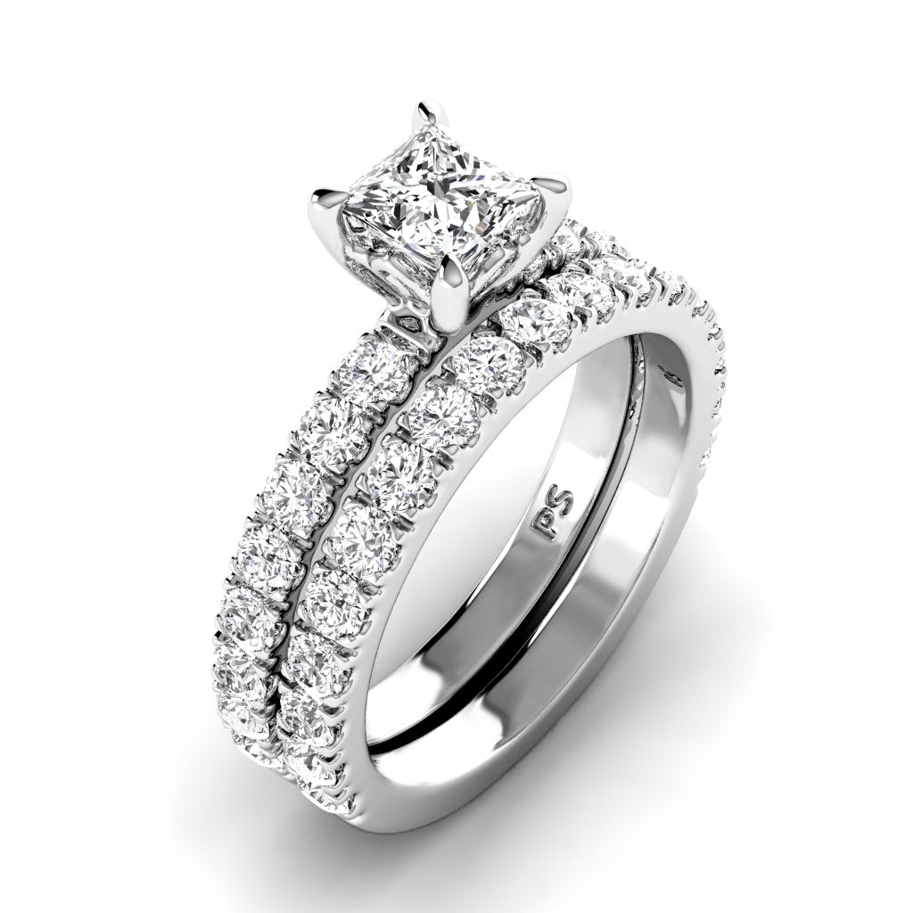 Brilliant 1.95CT Princess and Round cut Diamond Bridal Set in 14KT White Gold