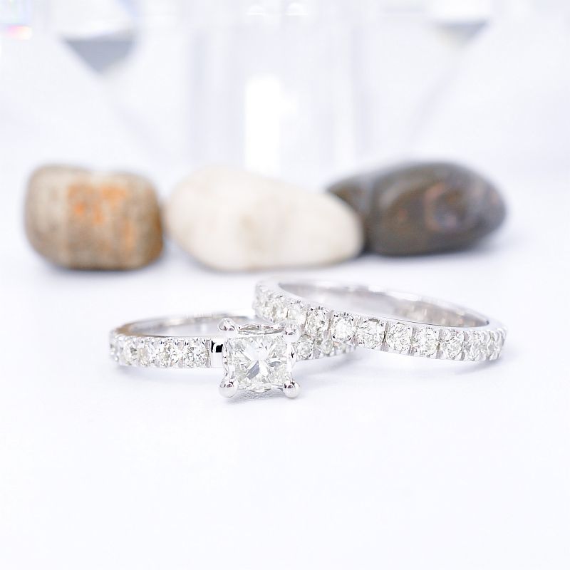 Brilliant 1.95CT Princess and Round cut Diamond Bridal Set in 14KT White Gold