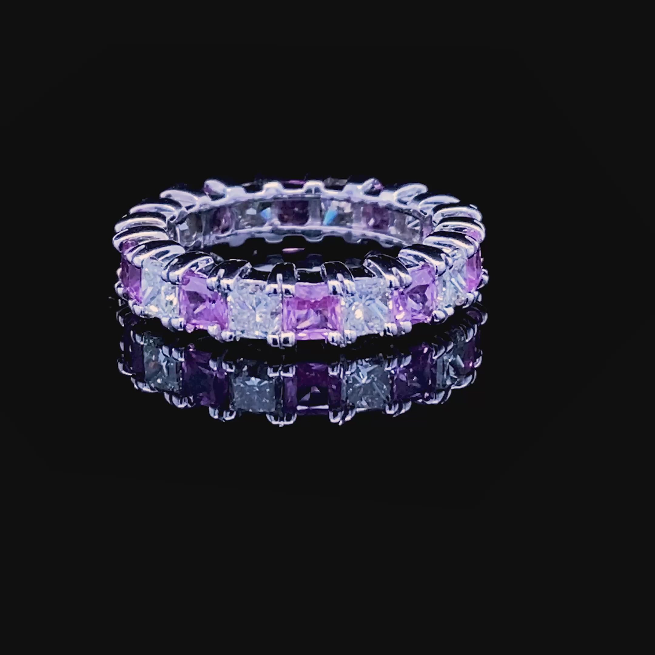 Certified 4.70CT Princess Cut Pink Sapphires & Diamond Eternity Ring in 14KT White Gold
