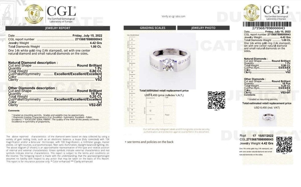 Certified 1.00 CT Round Cut Diamond Engagement Ring in 14 KT White Gold - Primestyle.com