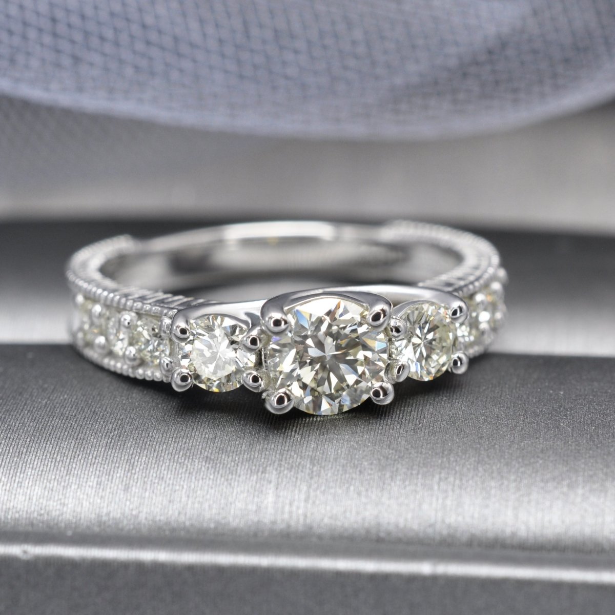 Certified 1.55 CT Round Cut Diamond Three Stone Ring in 14 KT White Gold