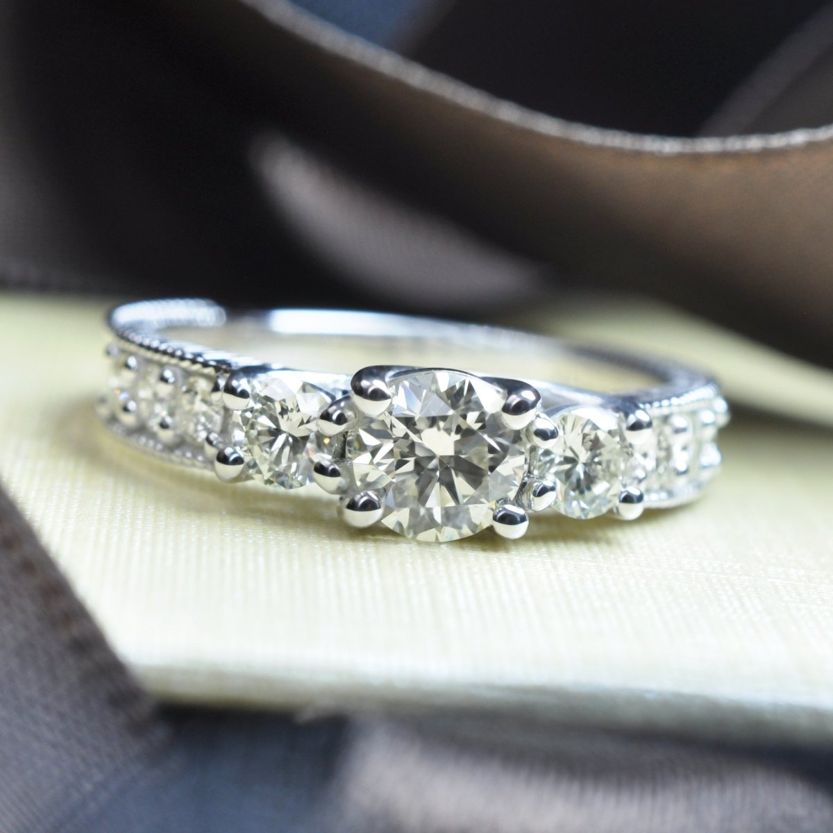 Certified 1.55 CT Round Cut Diamond Three Stone Ring in 14 KT White Gold