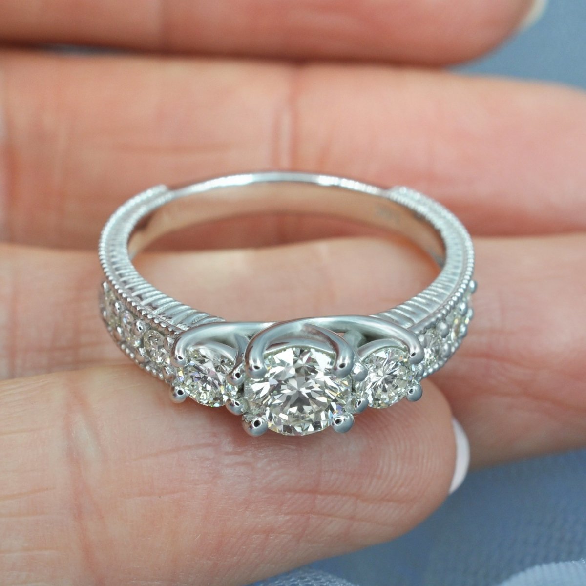 Certified 1.55 CT Round Cut Diamond Three Stone Ring in 14 KT White Gold