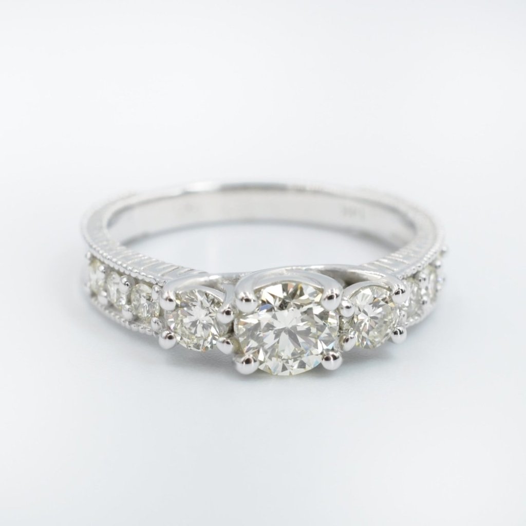 Certified 1.55 CT Round Cut Diamond Three Stone Ring in 14 KT White Gold