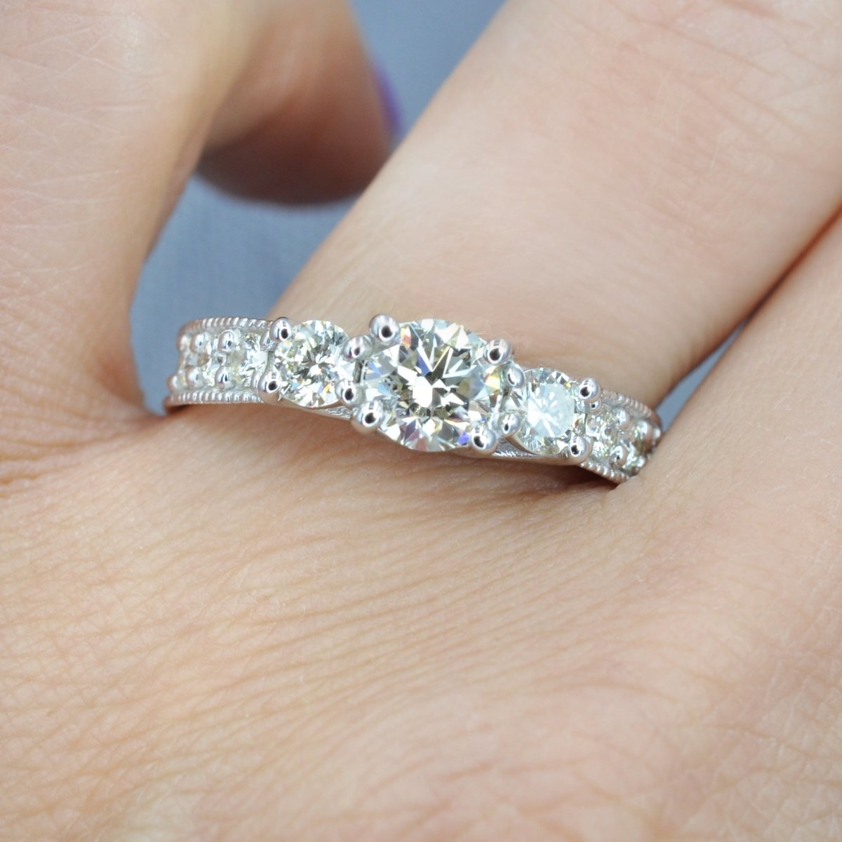 Certified 1.55 CT Round Cut Diamond Three Stone Ring in 14 KT White Gold