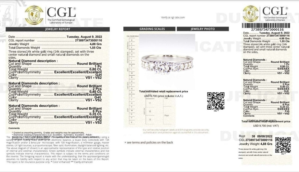 Certified 1.55 CT Round Cut Diamond Three Stone Ring in 14 KT White Gold