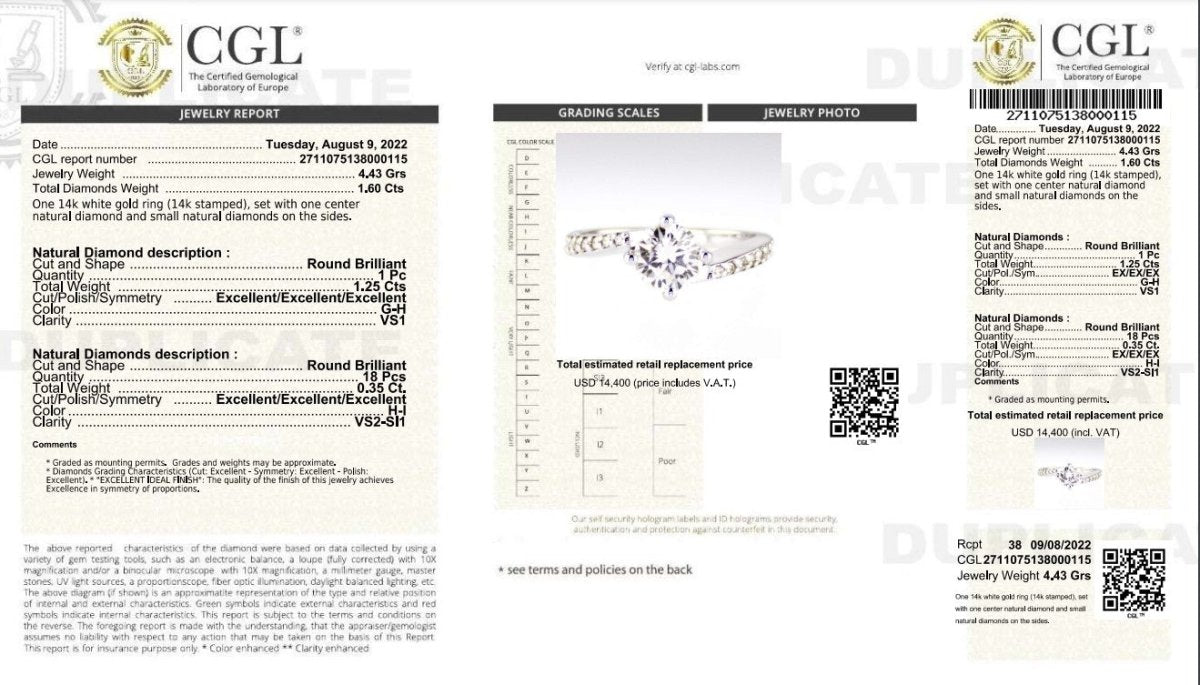 Certified 1.60 CT Round Cut Diamond Engagement Ring in 14 KT White Gold - Primestyle.com