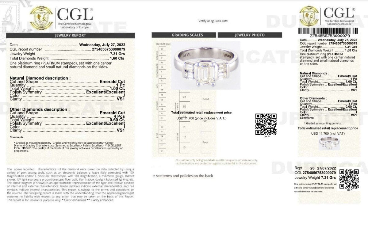 Certified 1.60CT Emerald Cut Diamond Engagement Ring in Platinum