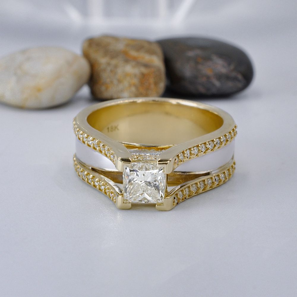 Certified 1.60CT Princess and Round Cut Diamond Engagement Ring in 18KT Two Tone Gold - Primestyle.com