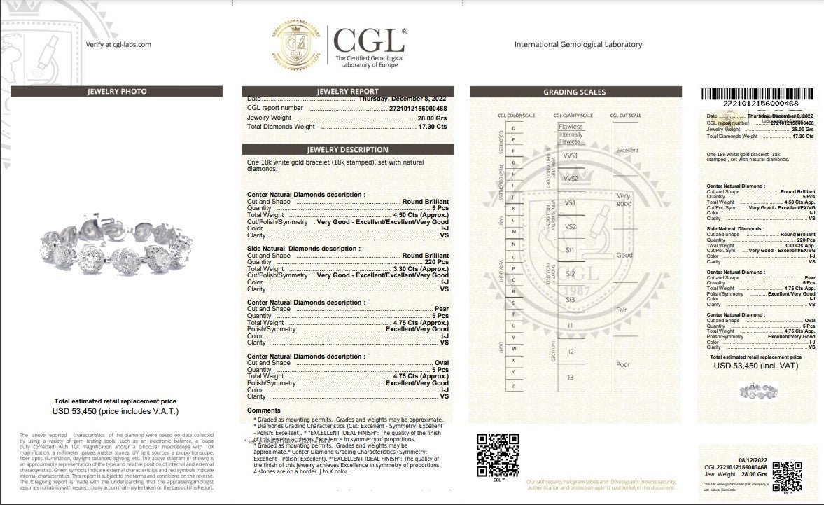 Certified 17.30CT Round, Pear, and Oval cut Diamond Bracelet in 18KT White Gold - Primestyle.com
