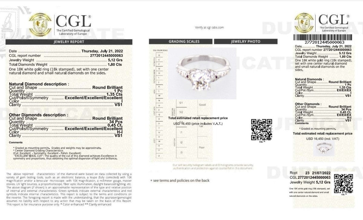 Certified 1.80CT Round Cut Diamond Engagement Ring in 18KT White Gold